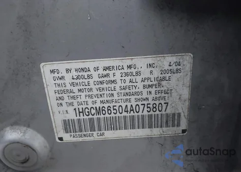 2004 Honda Accord 3.0 Ex z USA, uszkodzony, nr VIN 1HGCM66504A075807
